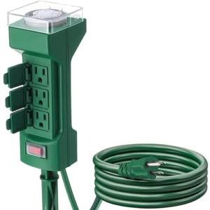 24 Hour Outdoor Power Stake Timer 6 Grounded Outlets Extension Cord Power Strip with Weatherproof Safety Cover Mechanical Timer for Holiday Light, Yard, ETL Listed