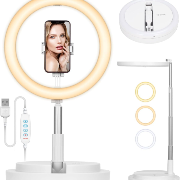 TARION Selfie Ring Light with Stand - 11.8" Foldable Ring Light with Phone Holder & Cold Shoe Mount, Tall Desk Ring Light for Videography Photography Led Beauty Ring Light Adjustable Brightness White