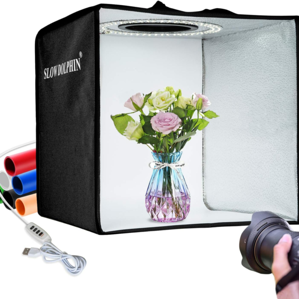 SLOW DOLPHIN Photo Studio Light Box 20cm Portable Folding Ring Light , Photography Shooting Light Tent Kit Adjustable Brightness Lighting Kit Softbox with 112pcs LED Lights + 6 Backdrops