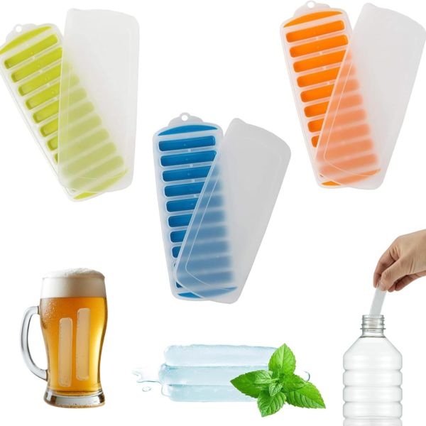 (With Covers) - Lily's Home Silicone Narrow Ice Stick Cube Trays with Easy Push and Pop Out Material, Ideal for Sports and Water Bottles, Assorted Bright Colours. With Lids