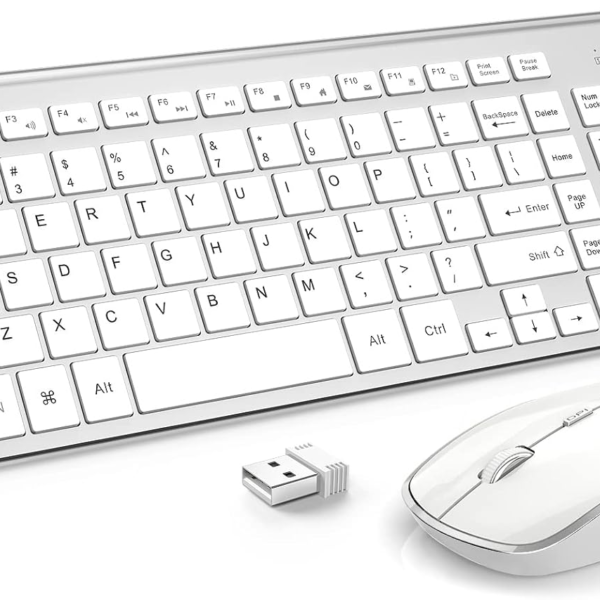 J JOYACCESS Wireless Keyboard and Mouse Combo,2.4G Slim Wireless Keyboard Mouse-Portable, Full Size, Ergonomic, 2400 DPI,Extreme Power Saving,Sleek Design-White+Silver