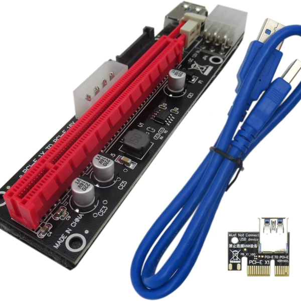 PCI-E 1x to 16x Powered USB3.0 GPU Riser Extender Adapter Card 4pin Molex, 15pin SATA, or 6pin PCIE Onboard LED indicator