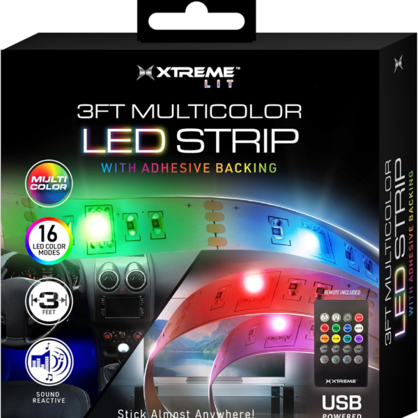 Xtreme Multicolored LED Strip Lights with Remote, Color Changing 3 Foot USB Powered RGB+IC Lights Strip with Adhesive Backing, 16 LED Colors, 4 Modes Including Flashing, Strobe, Fade, & Smooth