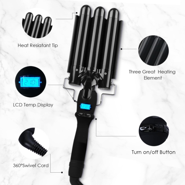 Three Barrel Curling Iron Professional Hair Waver, Ceramic Hair Curler Adjustable Temp Triple Barrel Crimper Hair Tool with LCD Display, Hair Iron Dual Voltage Wave Wand Fast Heating Iron Wavy Hair