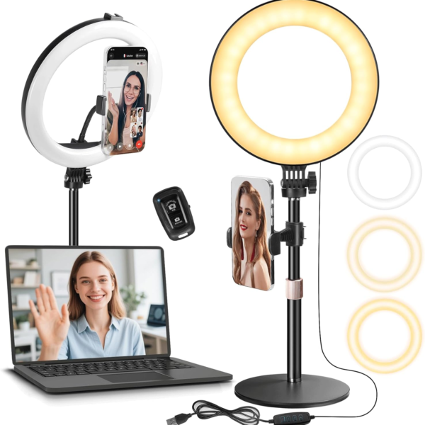 MACTREM 10“ Desk Ring Light with Stand, Desktop LED Circle Halo Light with Phone Holder for Computer Zoom Meeting, Laptop Light for Conference Video Calls, Live Streaming, Podcast, Selfie, Makeup