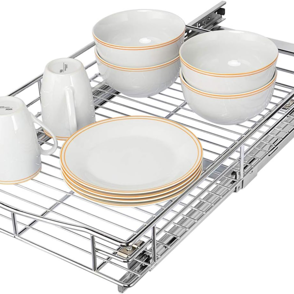 SortWise Heavy Duty Sliding Cabinet Organizer - Pull Out Shelf for Kitchen Pantry Cabinets, 14x21x4 Inch Chrome Finish Basket, Slide Out Wire Storage Rack
