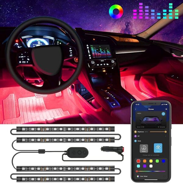 Govee Interior Lights for Car, App Control Smart Car Lights with DIY Mode and Music Mode, Waterproof LED Interior Lights with 2 Lines Design, RGB Under Dash Car LED Lights with Car Charger, DC 12V
