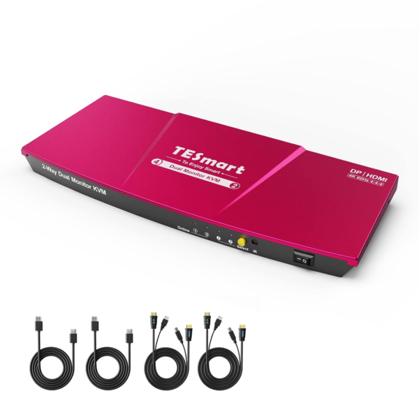 TESmart KVM Switch Dual Monitor DisplayPort + HDMI, Support Extended Display, UHD 4K 60Hz, USB 2.0 Devices, Hotkey, Button Switching, Audio, PC Keyboard Mouse Switcher Box for 2 Computers with Cables