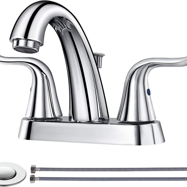 WOWOW Bathroom Faucet 2 Handle 4 Inch Centerset Bathroom Sink Faucet Lead-Free Basin Mixer Tap with Lift Rod Drain Assembly, Two-Handle Center-Set Lavatory Faucet Chrome