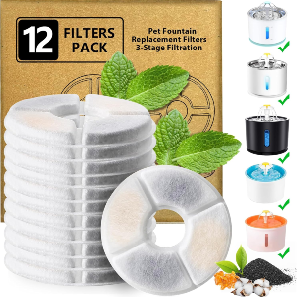 Cat Water Fountain Filters - 12 Pack Cat Fountain Filters for 54oz/1.6L & 81oz/2.4L Pet Water Fountains, Three-Layer Filtration Replacement Filters, Package Amount for 6 Months