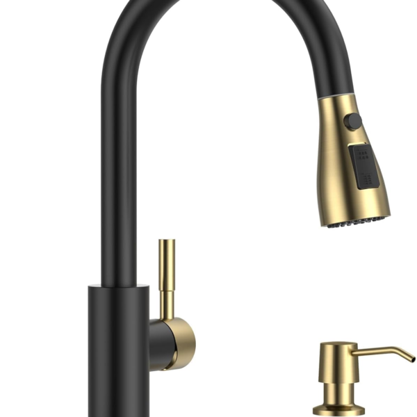 APPASO Black and Gold Kitchen Faucet, Stainless Steel Kitchen Sink Faucets with Soap Dispenser and Pull Down Sprayer 3 Modes, High Arch Single Handle Matte Black with Deck Plate for 1 to 4 Holes Sink