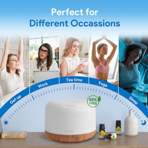 ASAKUKI 500ml Essential Oil Diffuser, 5 in 1 Premium Ultrasonic Aromatherapy Fragrant Oil Vaporizer Humidifier, 3 Timer and Auto-Off Safety Switch, 7 LED Light Colors
