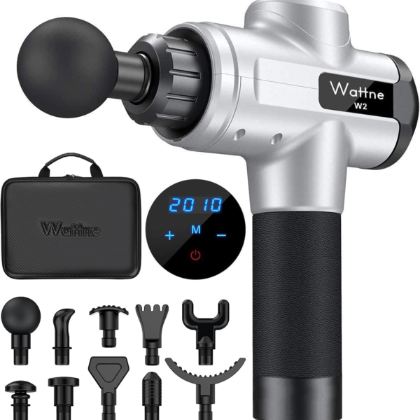 Muscle Massage Gun Deep Tissue Percussion Massager - Portable Handheld Sport Massagers for Athletes, Super Quiet & Powerful Brushless Motor Cordless, 20 Speed Level,Wattne W2 (Silver)