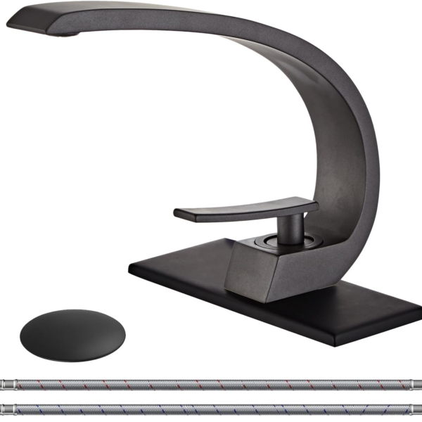 Wovier Matte Black Bathroom Sink Faucet,Unique Design Single Handle Single Hole Brass Lavatory Vanity Faucet,Basin Mixer Tap with Supply Hose and Pop Up Drain Assembly